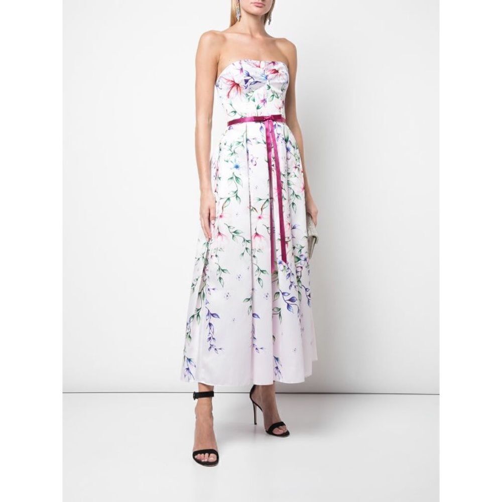 Marchesa Strapless Printed Mikado Corseted Gown